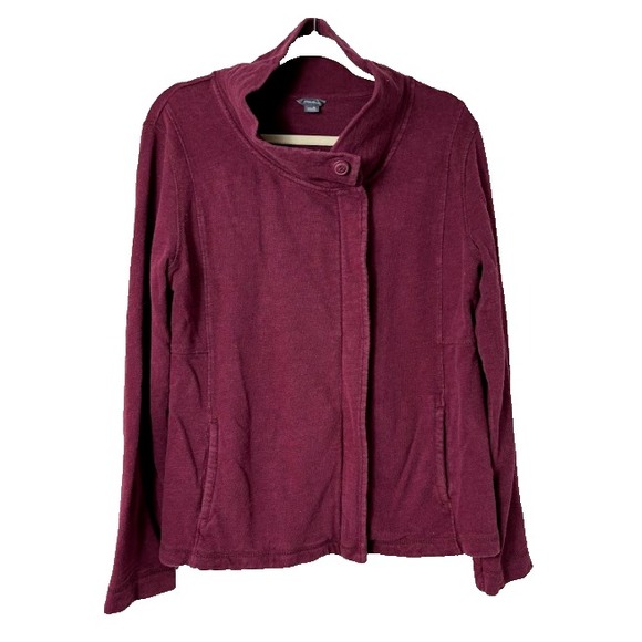 Eddie Bauer Cowl Neck‎ Sweater Womens XL Burgundy Knit Full Zip Button Jacket - Picture 1 of 8